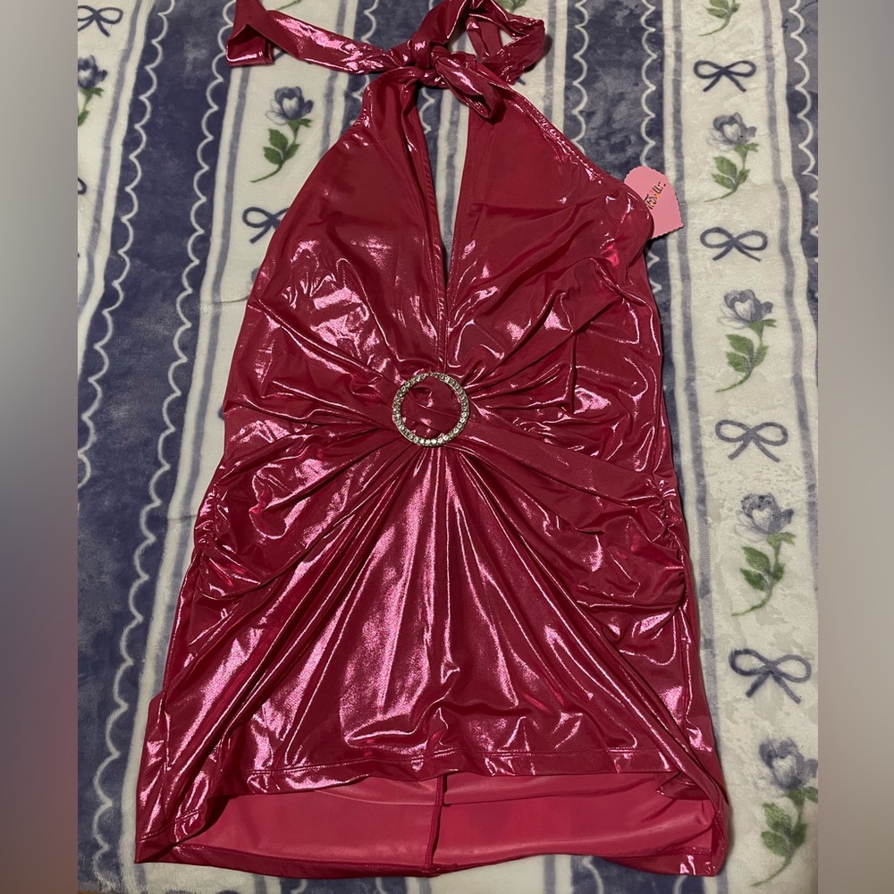 Sugar Thrillz Hot Pink Metallic Halter Mini Dress with Rhinestone Ring